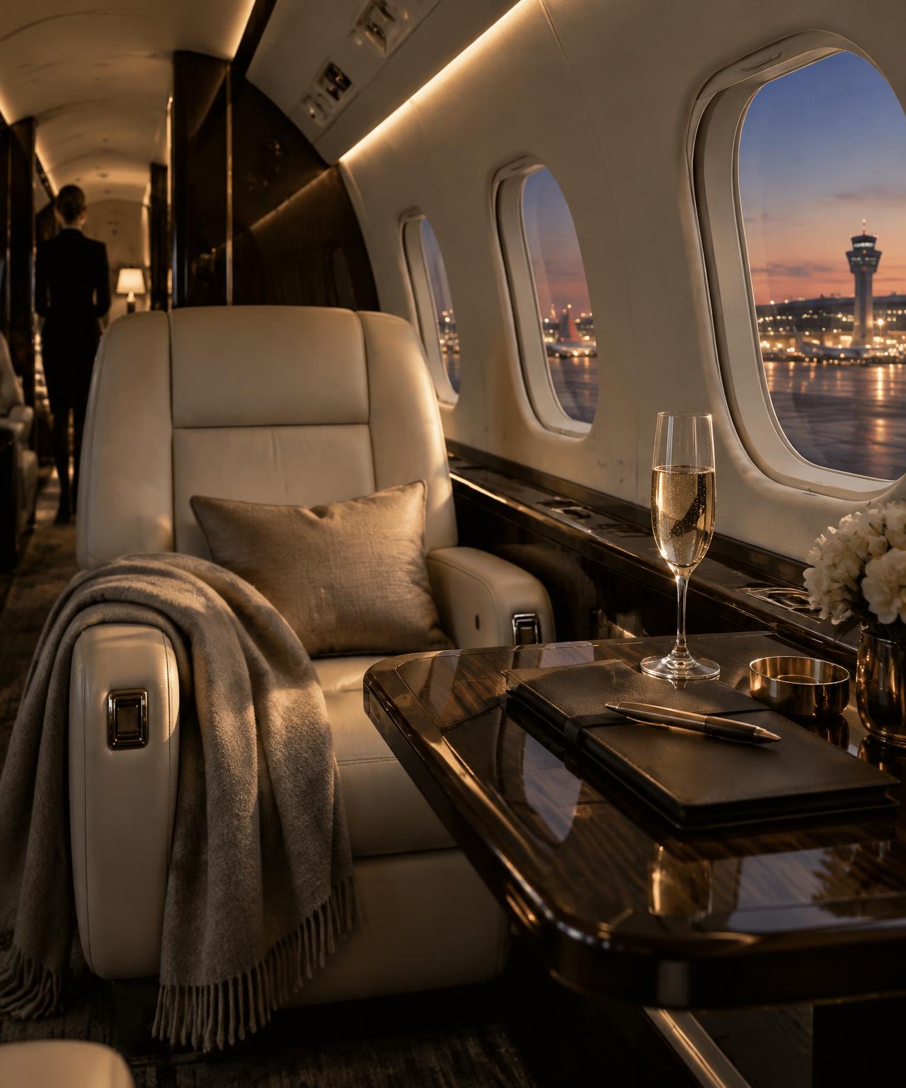 Understated private jet interior at dusk