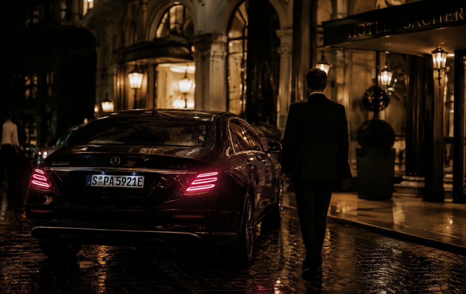 Black saloon waiting outside a Vienna hotel at night