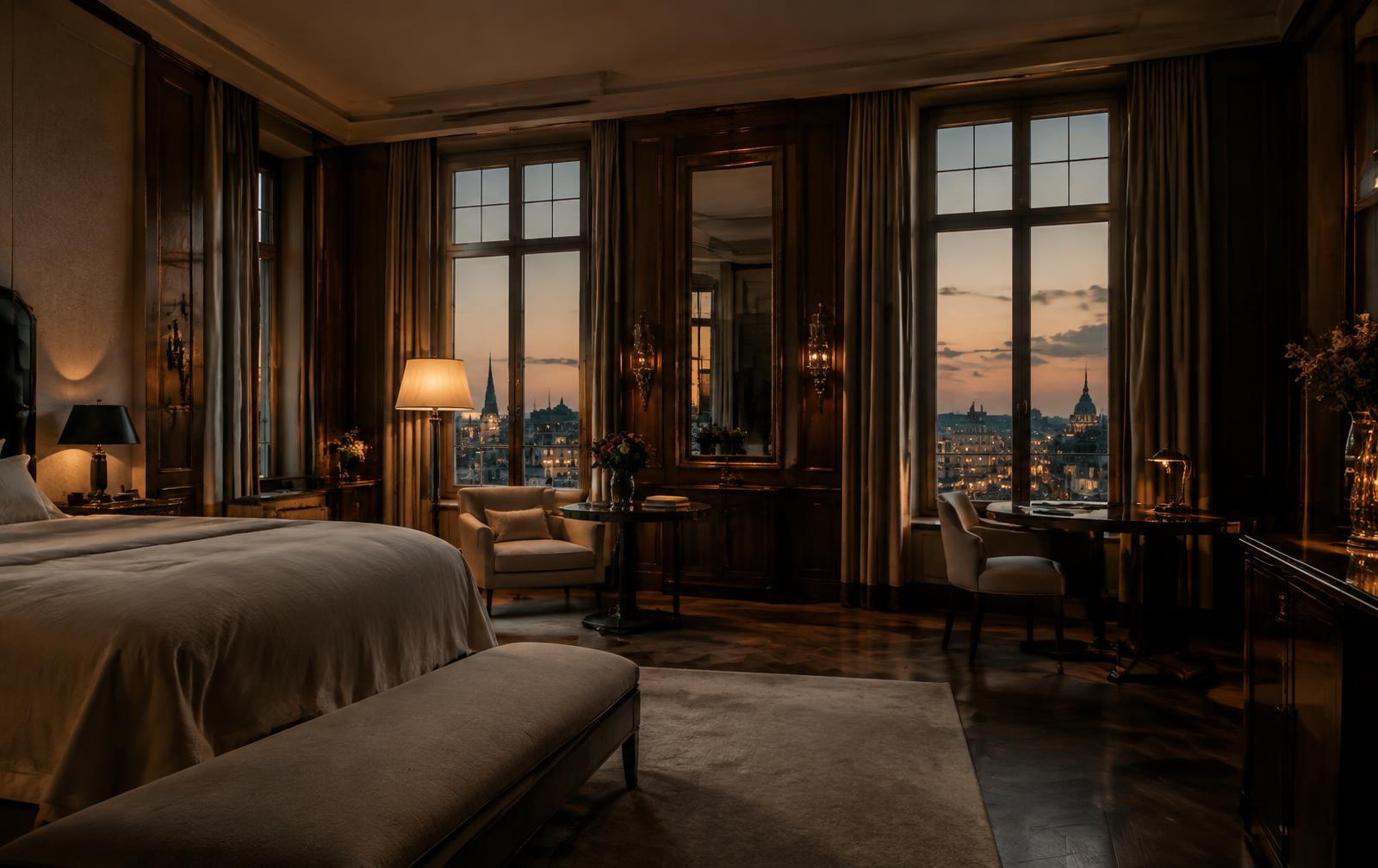 Hotel suite overlooking Vienna at dusk