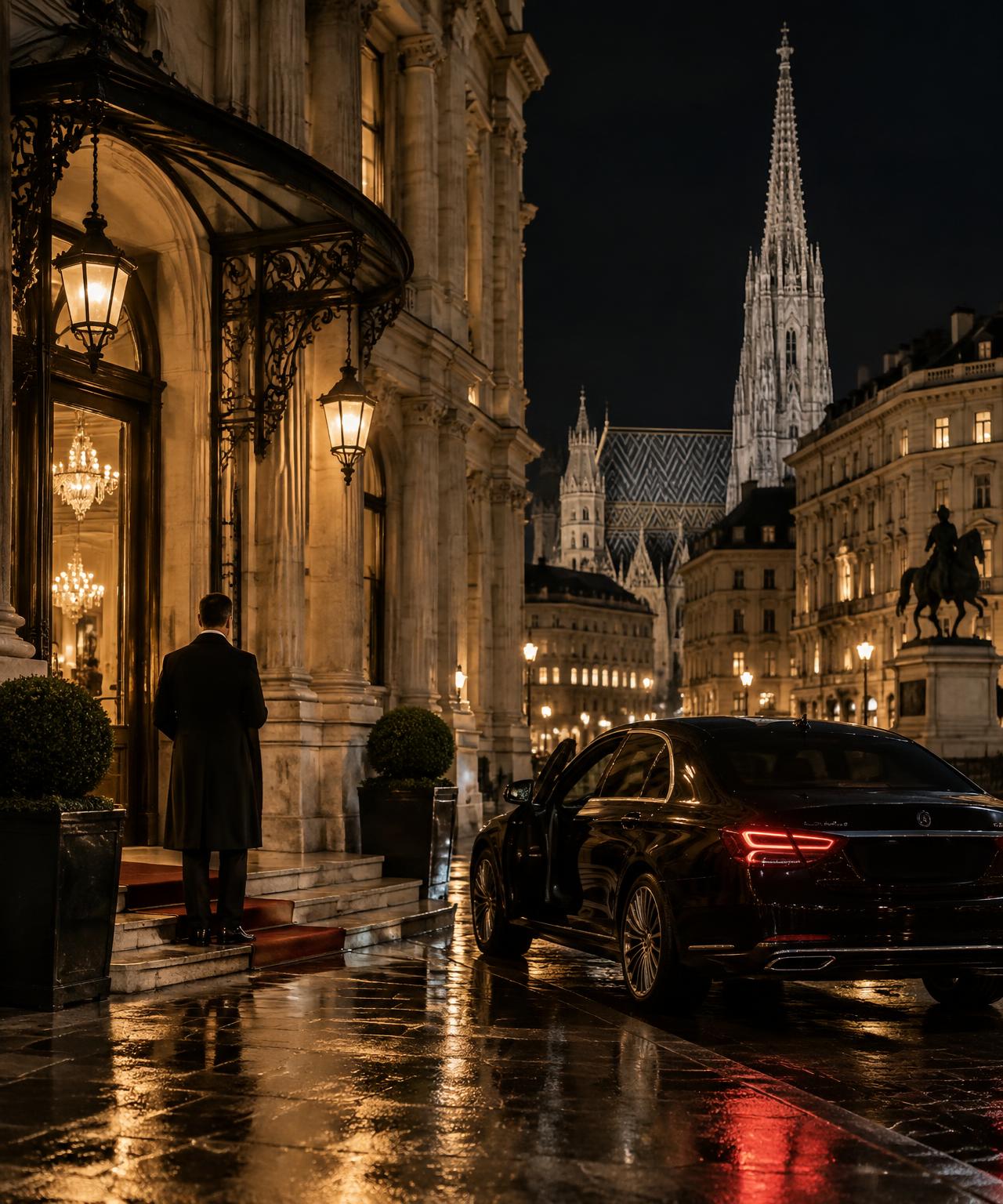 Vienna at night with a waiting black car
